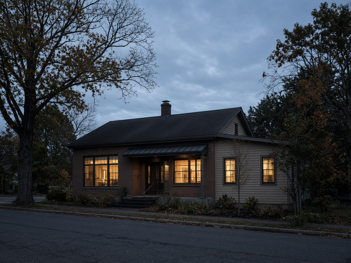 Small commercial building at dusk